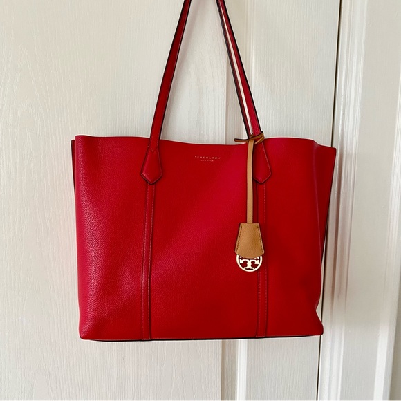 Tory Burch Perry Red Pebble Leather Triple Compartment Tote/Shoulder Bag - Picture 2 of 16